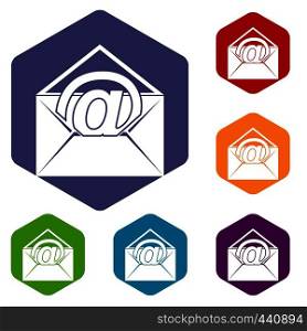 Envelope with email sign icons set hexagon isolated vector illustration. Envelope with email sign icons set hexagon