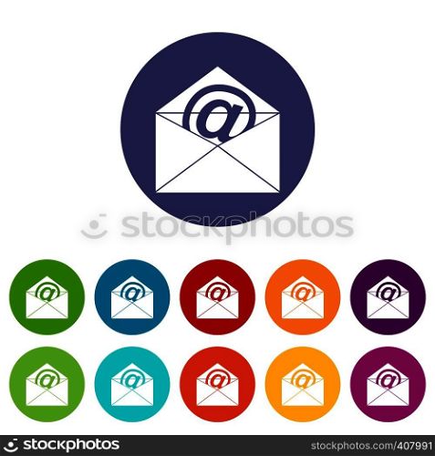 Envelope with email sign set icons in different colors isolated on white background. Envelope with email sign set icons