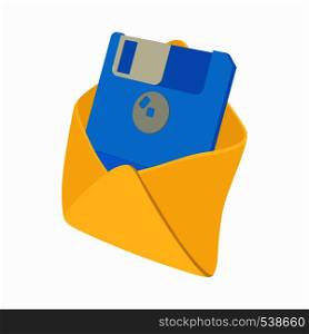 Envelope with floppy disk icon in cartoon style on a white background. Envelope with floppy disk icon, cartoon style