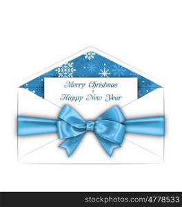 Envelope with Greeting Card and Blue Bow Ribbon for Merry Christmas. Illustration Envelope with Greeting Card and Blue Bow Ribbon for Merry Christmas. White Envelope Isolated on White Background - Vector
