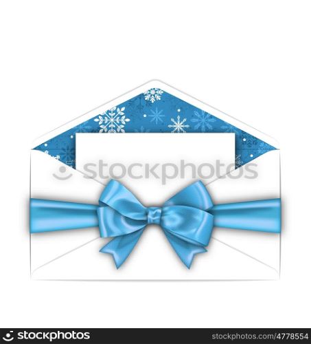 Envelope with Greeting Card and Blue Bow Ribbon for Winter Holidays. Illustration Envelope with Greeting Card and Blue Bow Ribbon for Winter Holidays. White Letter Isolated on White Background - Vector