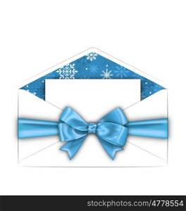 Envelope with Greeting Card and Blue Bow Ribbon for Winter Holidays. Illustration Envelope with Greeting Card and Blue Bow Ribbon for Winter Holidays. White Letter Isolated on White Background - Vector