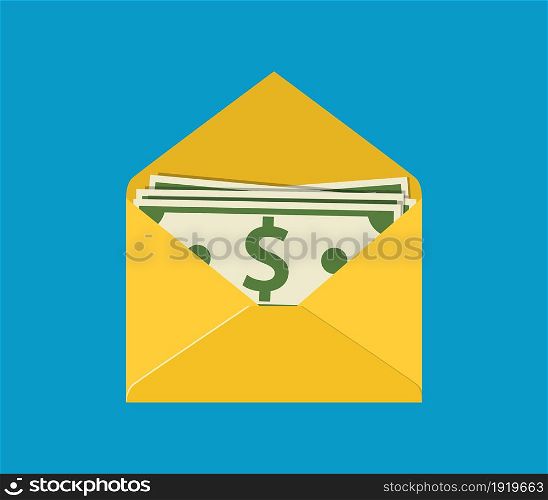 Envelope with money. yellow paper open envelope with dollars. Sending, receiving, rewarding. Financial gift. Cash icon. Vector illustration in flat style. Envelope with money.