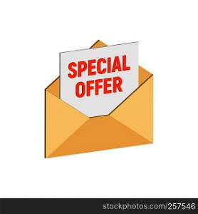 Envelope with special offer, Email marketing concept symbol. Flat Isometric Icon or Logo. 3D Style Pictogram for Web Design, UI, Mobile App, Infographic. Vector Illustration on white background.