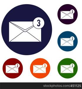 Envelope with three messages icons set in flat circle reb, blue and green color for web. Envelope with three messages icons set