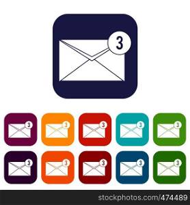 Envelope with three messages icons set vector illustration in flat style In colors red, blue, green and other. Envelope with three messages icons set