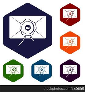 Envelope with wax seal icons set hexagon isolated vector illustration. Envelope with wax seal icons set hexagon