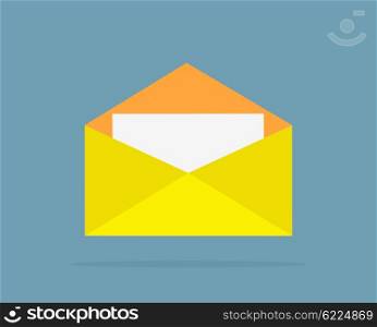 Envelope yellow open design flat. Letter icon, mail and open envelope template, white page, invitation envelope isolated logo vector illustration