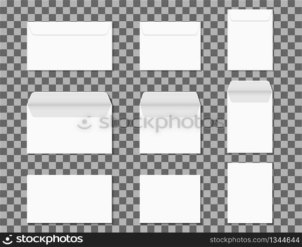 Envelopes a4. Closed and opened paper white envelopes for vertical, horizontal letters on transparent background. Mockup of office envelope or postal blank document. Stationery and postcard. Vector.. Envelopes a4. Closed and opened paper white envelopes for vertical, horizontal letters on transparent background. Mockup of office envelope or postal blank document. Stationery and postcard. Vector