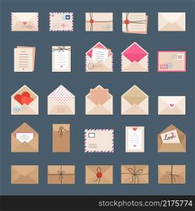 Envelopes and letters. Mail signs labels greeting cards romantic stamps stickers recent vector illustrations set. Envelope message with love, seal and stamp. Envelopes and letters. Mail signs labels greeting cards romantic stamps stickers recent vector illustrations set