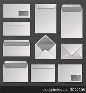 Envelopes. Blank corporate closed and open envelope for a4 letter sheet. Paper postal packages, mail vector isolated realistic business correspondence mockups. Envelopes. Blank corporate closed and open envelope for a4 letter sheet. Paper postal packages, mail vector isolated mockups