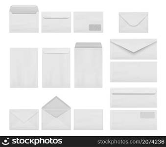 Envelopes collection. Business correspondence letters realistic mockup a4 printing stationery decent vector illustrations set isolated. Business envelope to send letter, paper mail correspondence. Envelopes collection. Business correspondence letters realistic mockup a4 printing stationery decent vector illustrations set isolated