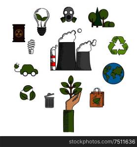 Environment and ecological conservation icons with recycling, electric cars, green leaves, eco-friendly energy with a radiation symbol, gas mask and industrial chimney belching fumes. Vector illustration. Environment and ecological conservation icons