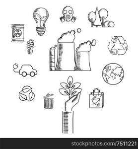 Environment and ecological conservation sketched icons with recycling symbol, electric cars, leaves, eco-friendly energy with a radiation symbol, gas mask and industrial chimney. Vector sketch style. Environment and ecological conservation sketch