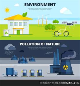 Environment And Pollution Banners Set. Environment and pollution of nature horizontal banners set flat isolated vector illustration