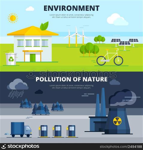 Environment and pollution of nature horizontal banners set flat isolated vector illustration . Environment And Pollution Banners Set