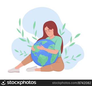 Environment care 2D vector isolated illustration. Woman hugging Earth flat character on cartoon background. Nature protection colourful editable scene for mobile, website, presentation. Environment care 2D vector isolated illustration