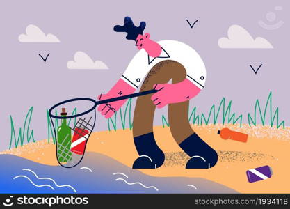 Environment care Ecology concept. Young smiling man cartoon character volunteer standing with net collecting trash garbage from water alone vector illustration . Environment care Ecology concept.
