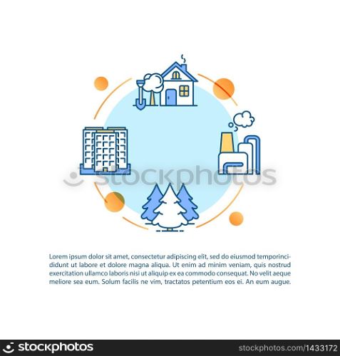 Environment concept icon with text. City smog and industrial pollution. Village nature and fresh air. PPT page vector template. Brochure, magazine, booklet design element with linear illustrations. Environment concept icon with text