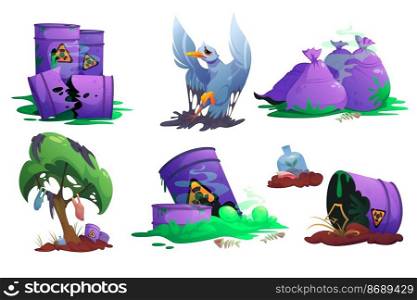 Environment contamination, nature pollution with plastic and toxic wastes. Sacks with trash, bird in oil, garbage hanging on tree, barrels with poisonous liquid, Cartoon vector illustration, icons set. Environment contamination, nature pollution set