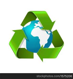 Environment day concept. Realistic vector illustration of Eath globe with recycle sign arrows isolated on white. Eco recycle symbol. World environment day image. Environment day concept. Realistic vector illustration of Eath globe with recycle arrows. Eco symbol