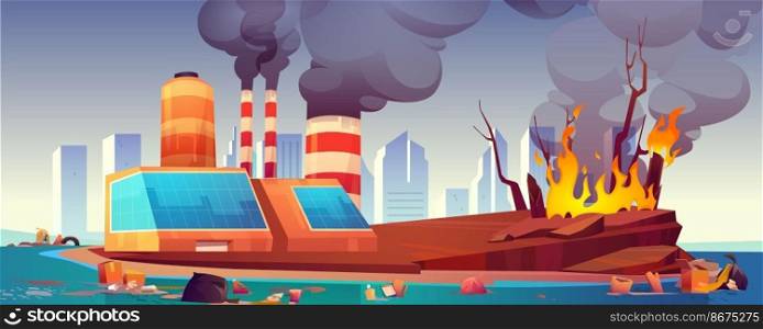 Environment disaster, air and ocean pollution, deforestation. Vector cartoon illustration with black smoke from factory, dirty sea shore polluted by waste and forest fire. Eco problems concept. Environment disaster, air and ocean pollution
