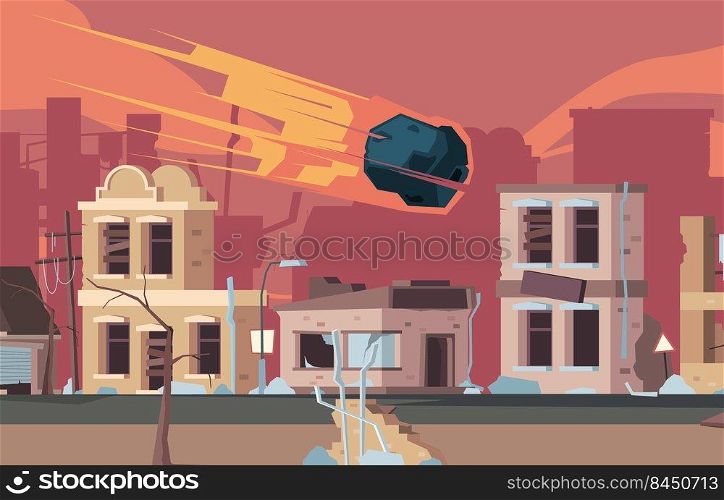 Environment disasters. Weather catastrophe tornado tsunami storms and earthquake destruction buildings damaged living houses vector cartoon background. Illustration of disaster and catastrophe storm. Environment disasters. Weather catastrophe tornado tsunami storms and earthquake destruction buildings damaged living houses garish vector cartoon background