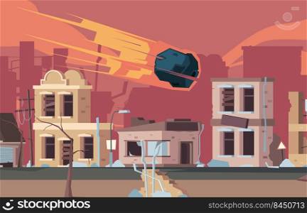 Environment disasters. Weather catastrophe tornado tsunami storms and earthquake destruction buildings damaged living houses vector cartoon background. Illustration of disaster and catastrophe storm. Environment disasters. Weather catastrophe tornado tsunami storms and earthquake destruction buildings damaged living houses garish vector cartoon background