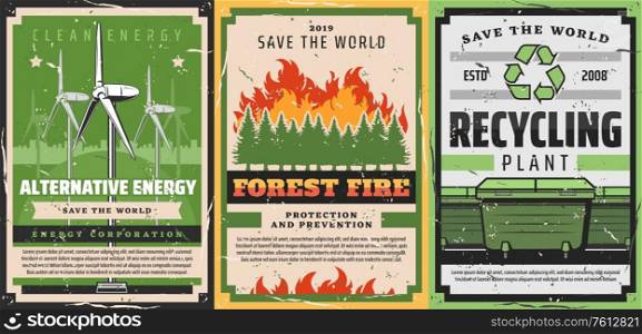 Environment, garbage recycling, fire fighting and clean energy. Vector windmills alternative energy, burning forest and waste bin for litter segregation. Nature ecology conservation retro posters set. Environment, garbage recycling and fire fighting