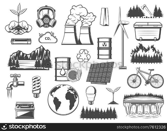 Environment, green energy, pollution and power vector icons. Energy and nature protection monochrome icons. Save earth, nuclear power station, solar energy, ecology conservation and air pollution. Environment, green energy and power sources