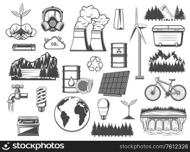Environment, green energy, pollution and power vector icons. Energy and nature protection monochrome icons. Save earth, nuclear power station, solar energy, ecology conservation and air pollution. Environment, green energy and power sources