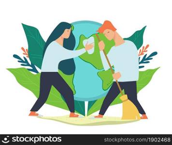 Environment pollution collapse, volunteering organization helping planet to recover. Man and woman wiping and sweeping. Ecologically friendly people protecting natural resources. Vector in flat style. Caring for environment and cleaning planet vector