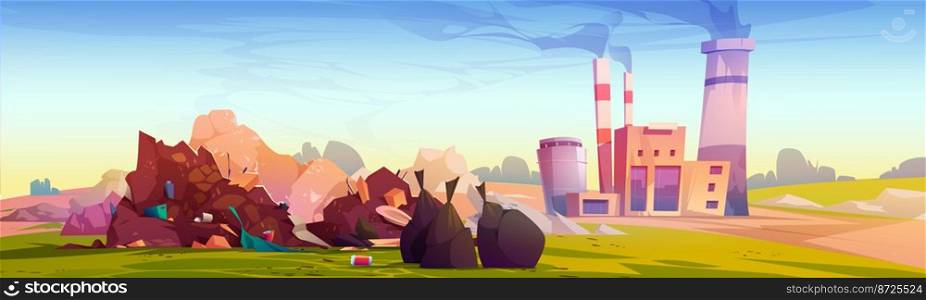 Environment pollution concept with dump and factory. Summer nature landscape with landfill with wastes and garbage, industrial plant with smoking chimneys, vector cartoon illustration. Environment pollution concept with dump and plant
