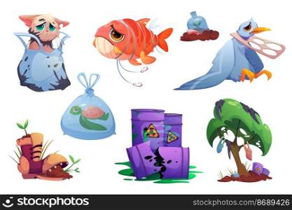 Environment pollution icons with plastic garbage, toxic waste and poor animals. Vector cartoon illustration of polluted nature, barrels with radioactive sign, bags and bottles. Nature pollution with plastic and toxic waste