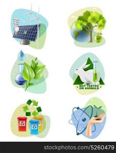 Environment Protection 6 Ecological Icons Set . Ecology 6 icons set with clean green energy generators recycling and ban on animal testing isolated vector illustration