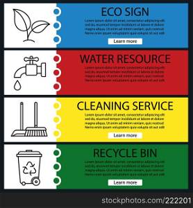 Environment protection banner templates set. Easy to edit. Plant, water resources, cleaning and recycle service. Website menu items with linear icons. Color web banner. Vector headers design concepts. Environment protection banner templates set