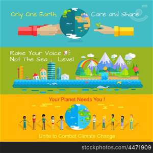 Environment protection concept banners. World environment day vector in flat style design. Taking care of the planet. Earth needs. Monitoring sea levels, global warming, climate change illustration.