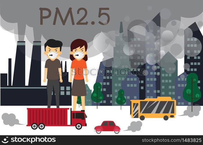 Environmental air pollution infographics set with information about environmental impact. Air Pollution and cartoon character, Dust pm 2.5 vector illustration.