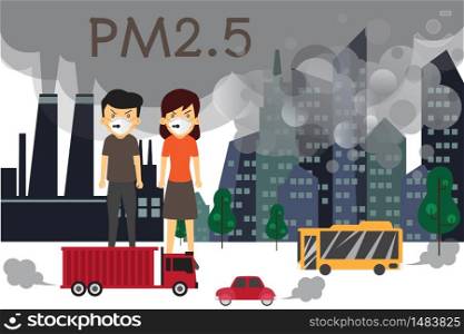 Environmental air pollution infographics set with information about environmental impact. Air Pollution and cartoon character, Dust pm 2.5 vector illustration.