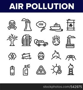 Environmental Air Pollution Linear Icons Vector Set. Smog, Toxic Waste, CO2 Air Pollution Thin Line Illustrations Pack. Factory Smoke, Gas, Dust Ecosystem Danger. Environmental Issues Outline Symbols. Environmental Air Pollution Linear Icons Vector Set