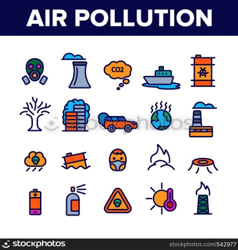 Environmental Air Pollution Linear Icons Vector Set. Smog, Toxic Waste, CO2 Air Pollution Thin Line Illustrations Pack. Factory Smoke, Gas, Dust Ecosystem Danger. Environmental Issues Outline Symbols. Environmental Air Pollution Linear Icons Vector Set