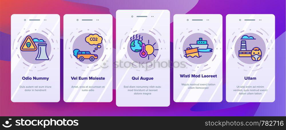 Environmental Air Pollution Vector Onboarding Mobile App Page Screen. Smog, Toxic Waste, CO2 Air Pollution Thin Line Illustration. Factory Smoke, Gas, Dust Ecosystem Danger. Environmental Air Pollution Vector Onboarding Mobile App Page Screen