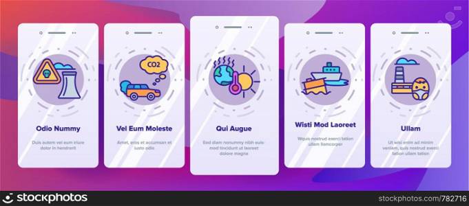 Environmental Air Pollution Vector Onboarding Mobile App Page Screen. Smog, Toxic Waste, CO2 Air Pollution Thin Line Illustration. Factory Smoke, Gas, Dust Ecosystem Danger. Environmental Air Pollution Vector Onboarding Mobile App Page Screen
