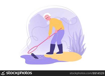 Environmental care, volunteering, ecology concept. Illustration of old man grandfather volunteer eco friendly activist worker cartoon character with net. Saving planet from pollution nature support.. Environmental care, volunteering, ecology concept