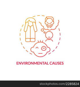 Environmental causes red gradient concept icon. Strass and trauma. Conduct disorder causes abstract idea thin line illustration. Isolated outline drawing. Myriad Pro-Bold fonts used. Environmental causes red gradient concept icon