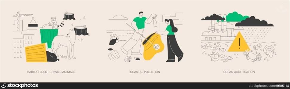 Environmental change abstract concept vector illustration set. Habitat loss for wild animals, coastal pollution, ocean acidification, wildlife loss, beach area clean up, toxic waste abstract metaphor.. Environmental change abstract concept vector illustrations.