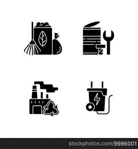 Environmental concern black glyph icons set on white space. Yard waste collection. Scrap iron and aluminum components. Recovery and reprocessing. Silhouette symbols. Vector isolated illustration. Environmental concern black glyph icons set on white space