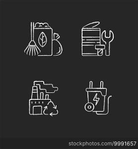 Environmental concern chalk white icons set on black background. Yard waste collection. Scrap iron and aluminum components. Recovery and reprocessing. Isolated vector chalkboard illustrations. Environmental concern chalk white icons set on black background