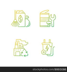 Environmental concern gradient linear vector icons set. Yard waste collection. Scrap iron and aluminum components. Thin line contour symbols bundle. Isolated vector outline illustrations collection. Environmental concern gradient linear vector icons set