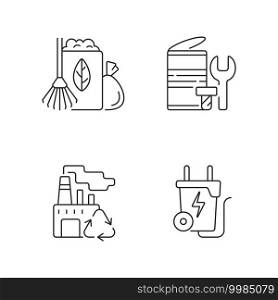Environmental concern linear icons set. Yard waste collection. Scrap iron and aluminum components. Customizable thin line contour symbols. Isolated vector outline illustrations. Editable stroke. Environmental concern linear icons set
